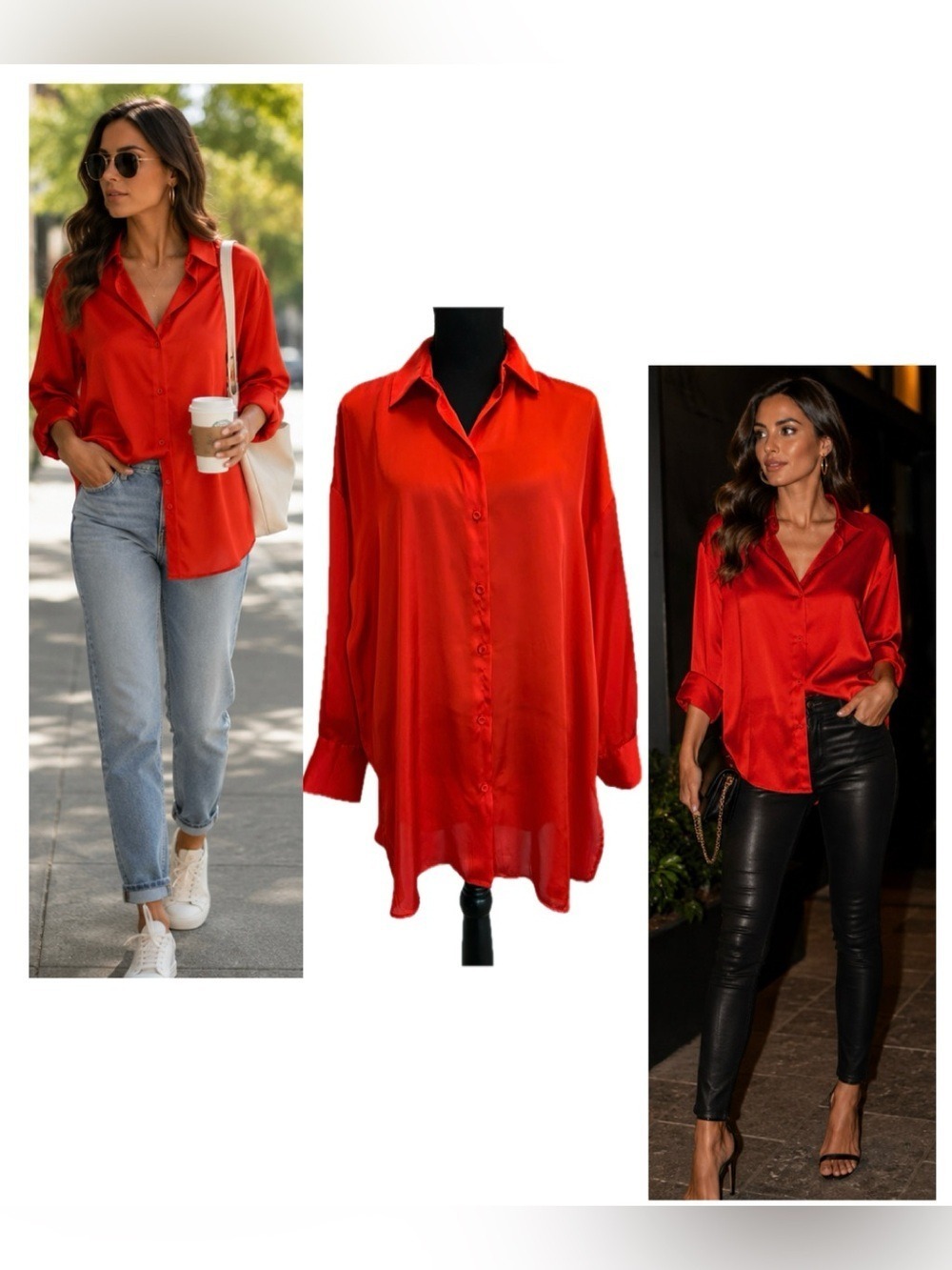 Red Satin Button-Up Women's Top